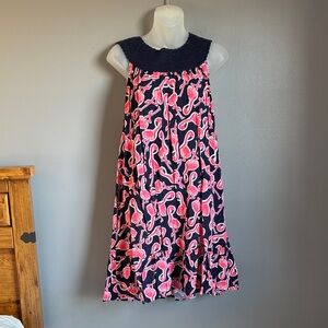 Crown & Ivy navy and pink flamingo dress * sz LG *